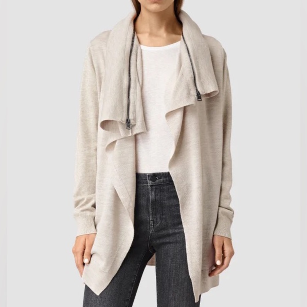 All Saints | Dahlia Moto Wool Cardigan Sweater in Natural Size S